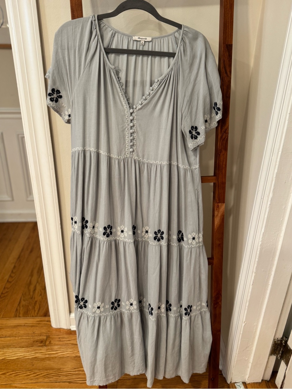 Madewell Light Blue Embroidered Tiered Midi Dress